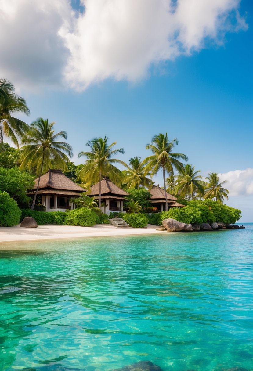 A serene beach with crystal-clear water, lush greenery, and traditional Balinese architecture nestled among the palm trees