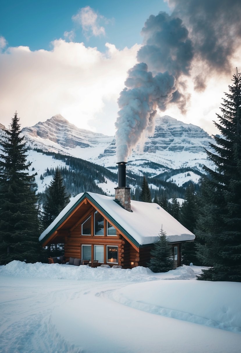 Snow-covered mountains and evergreen trees surround a cozy cabin with smoke rising from the chimney in Whistler, Canada