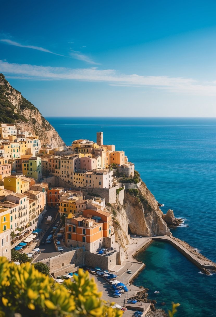 A picturesque coastal town with colorful buildings nestled between steep cliffs overlooking the sparkling blue Mediterranean Sea