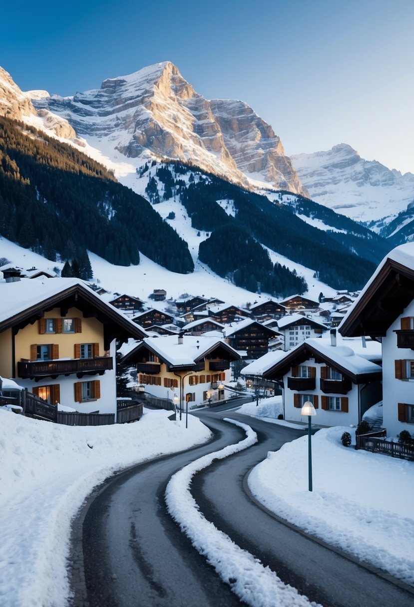 Snow-covered mountains loom over a cozy chalet nestled in the Swiss Alps. A winding path leads through a picturesque village, with a backdrop of breathtaking scenery