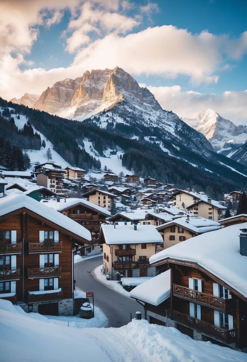 Snow-covered Chamonix village nestled in the French Alps, with majestic mountains and cozy chalets