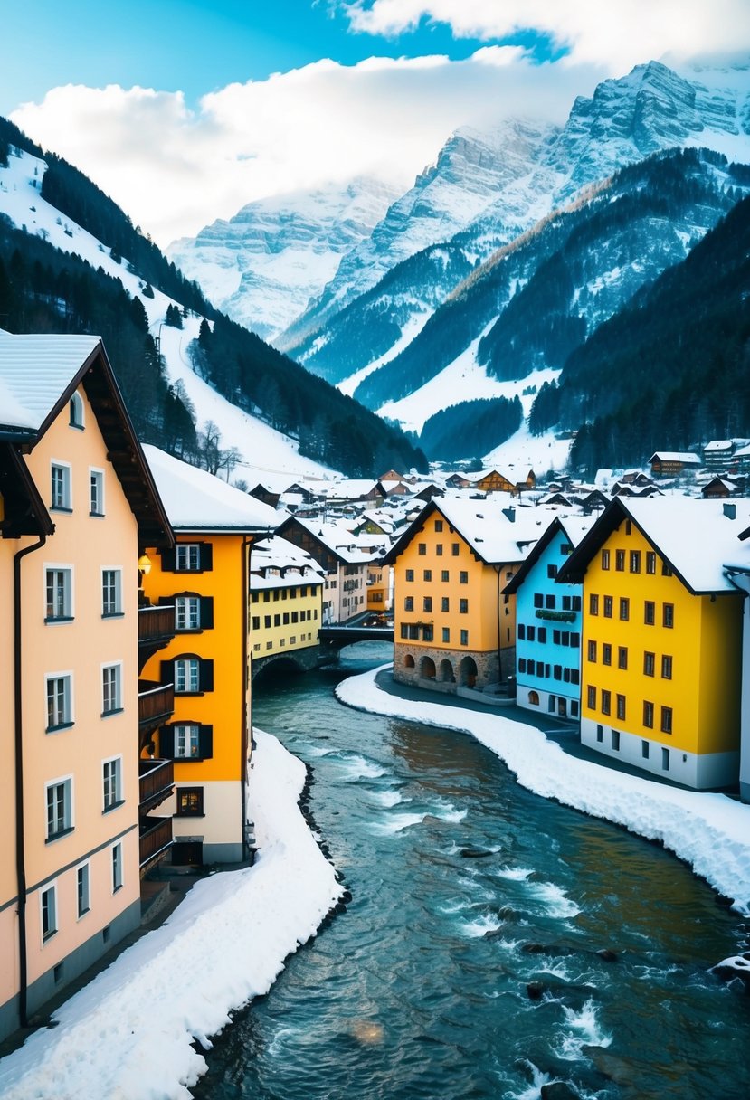 Snow-covered mountains loom over a charming alpine village with colorful buildings and a winding river, creating a picturesque scene in Innsbruck, Austria