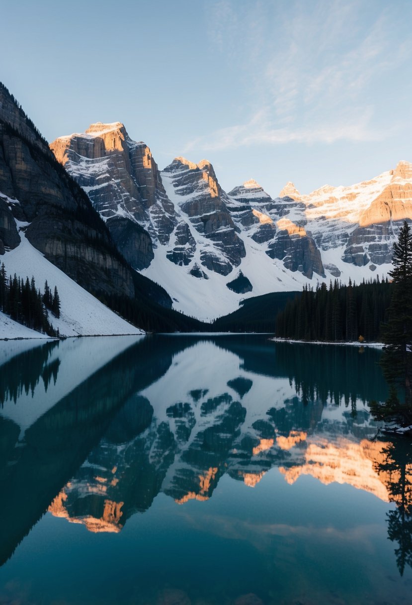 A serene lake reflecting snow-capped mountains in Banff, Canada