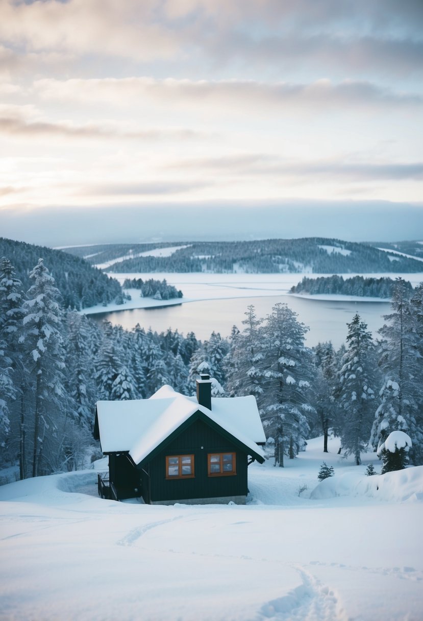 A snowy, serene landscape in Ã…re, Sweden. A cozy cabin nestled among the snow-covered trees, with a frozen lake in the distance