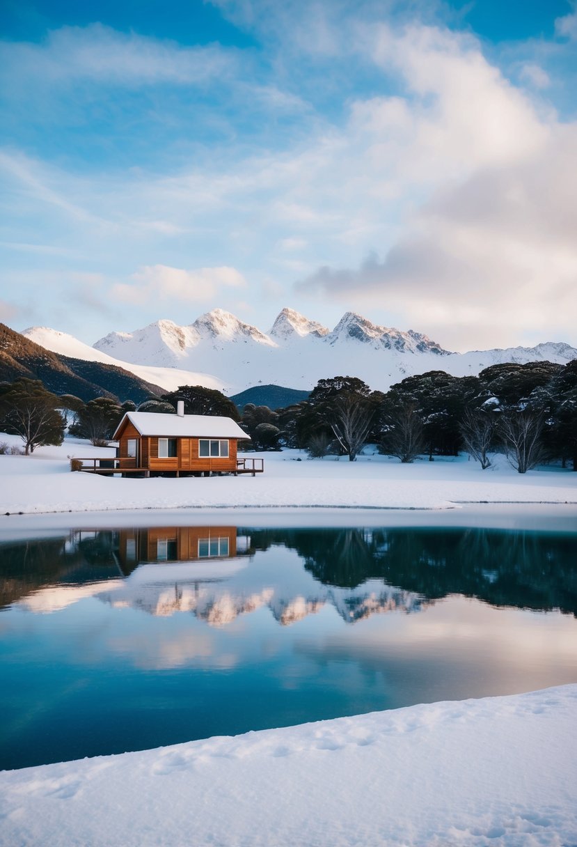 A snowy landscape in Tasmania, Australia with a cozy cabin, snow-capped mountains, and a frozen lake