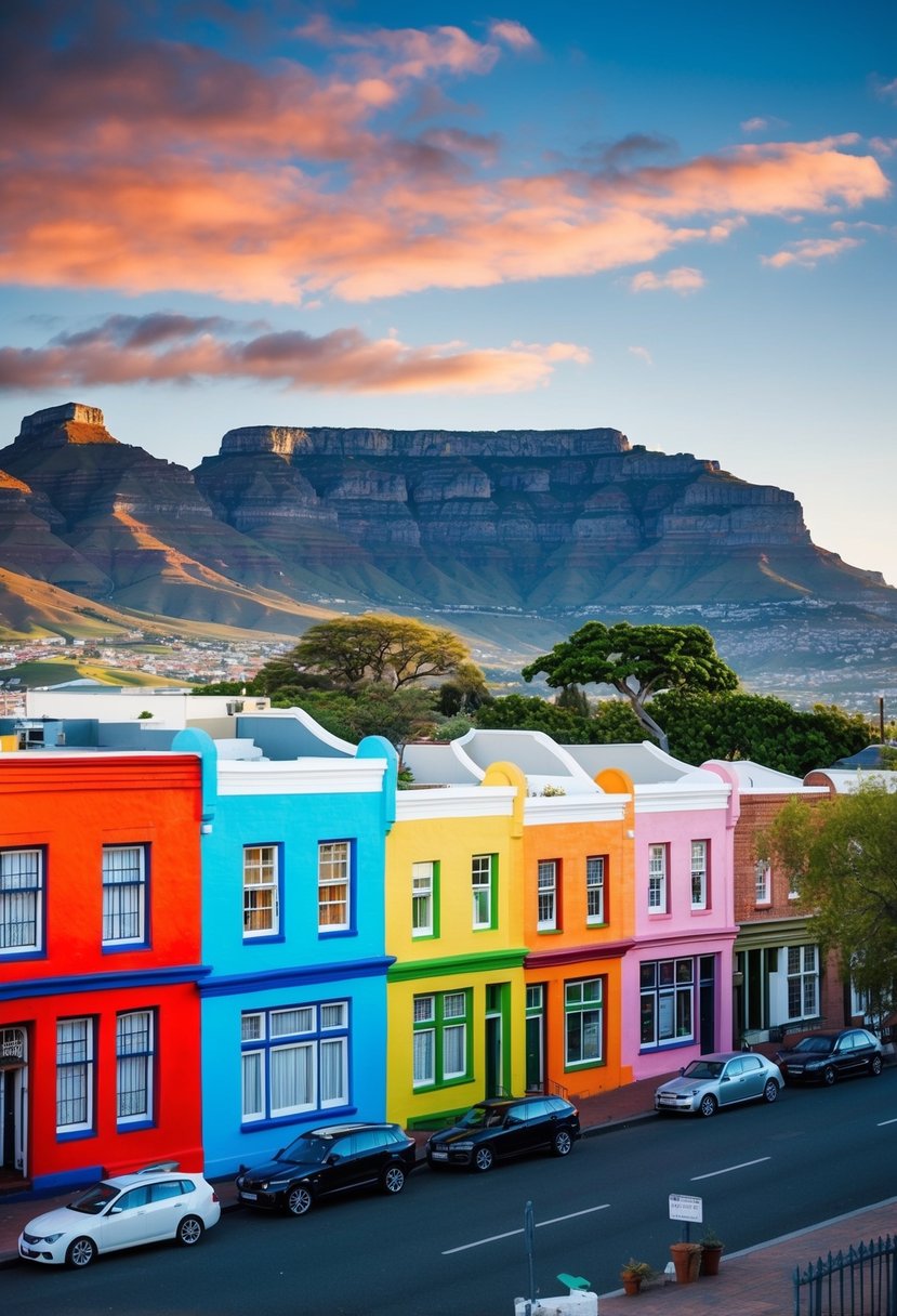 Colorful Bo-Kaap neighborhood with vibrant houses and Table Mountain in the background