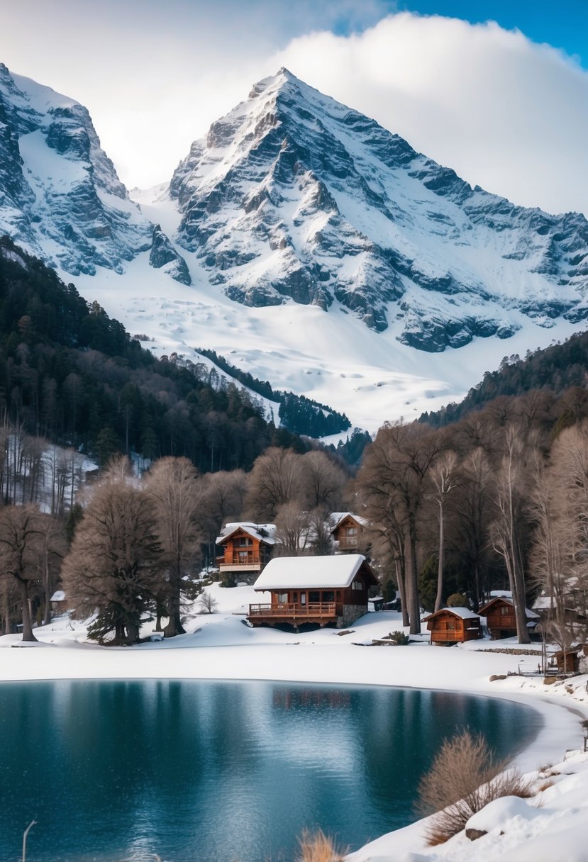 A snow-covered landscape in Bariloche, Argentina with a frozen lake, snow-capped mountains, and cozy cabins nestled among the trees