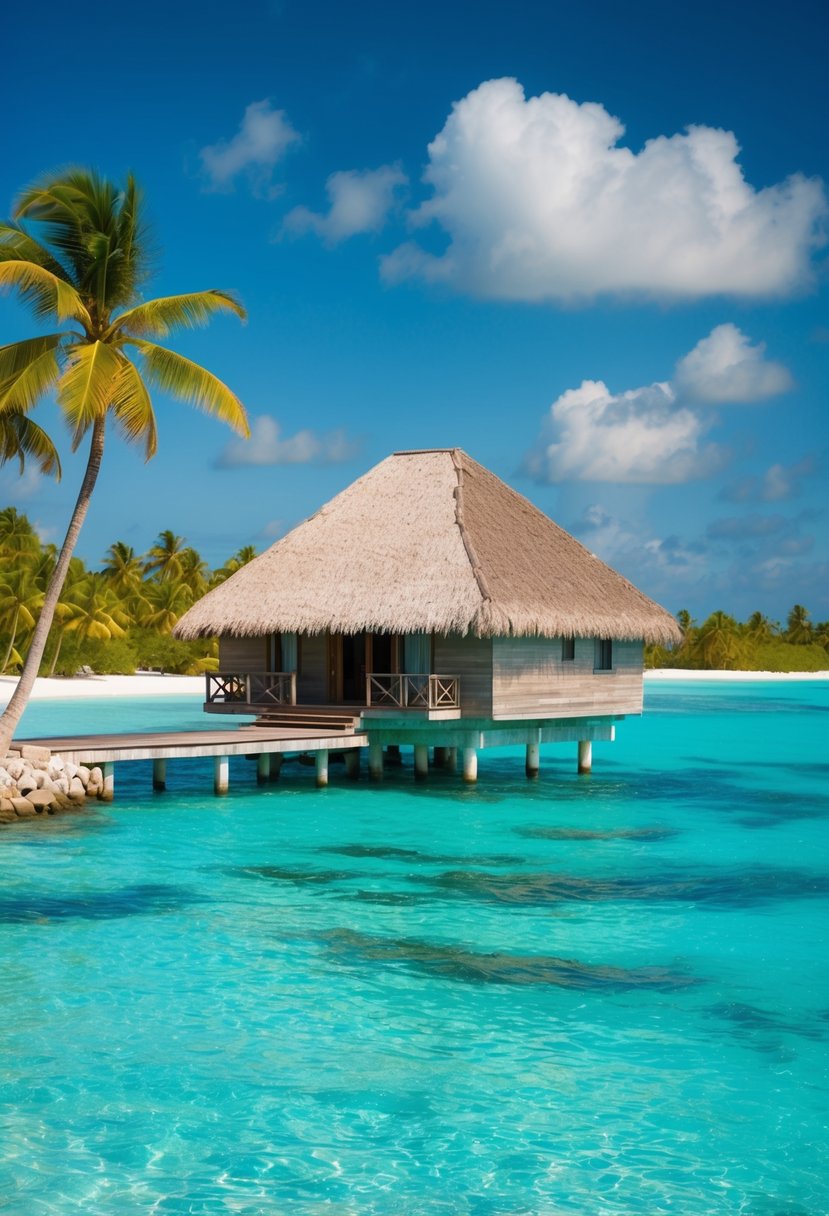 A private overwater bungalow with a thatched roof, surrounded by crystal-clear turquoise water and palm trees on a secluded Maldives island