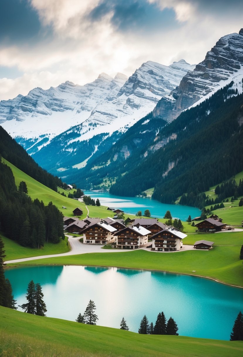 Snow-capped mountains with cozy chalets nestled in the valleys, surrounded by pristine lakes and lush green meadows