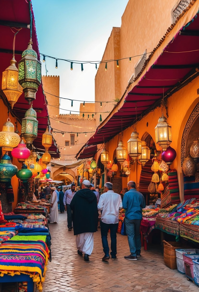 Vibrant Marrakech market with colorful textiles, intricate lanterns, and bustling activity under the warm Moroccan sun