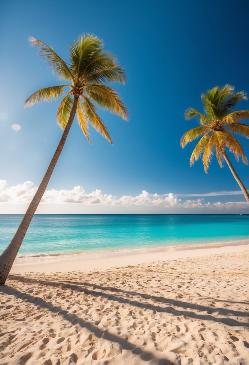 A pristine beach with turquoise waters, palm trees swaying in the gentle breeze, and a clear blue sky with the sun shining down on the golden sand
