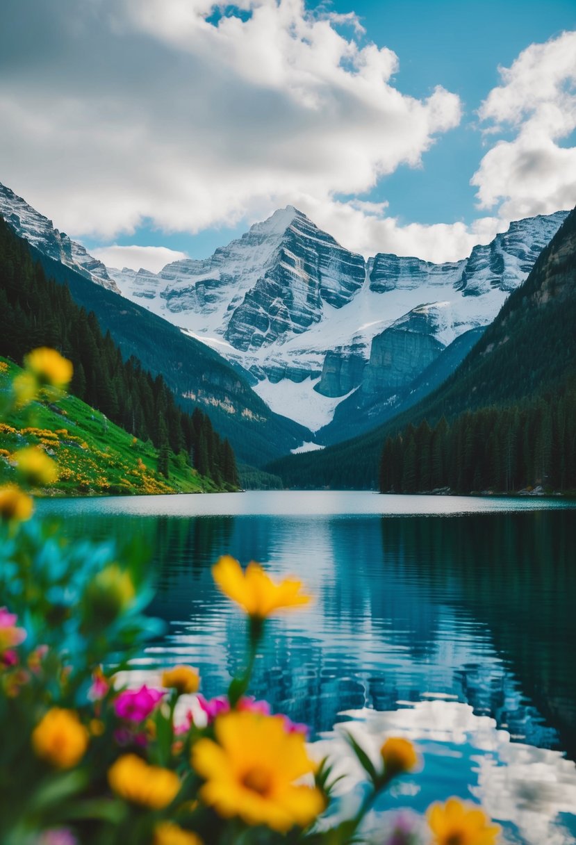 A serene lake nestled between snow-capped mountains, with vibrant greenery and colorful flowers in the foreground
