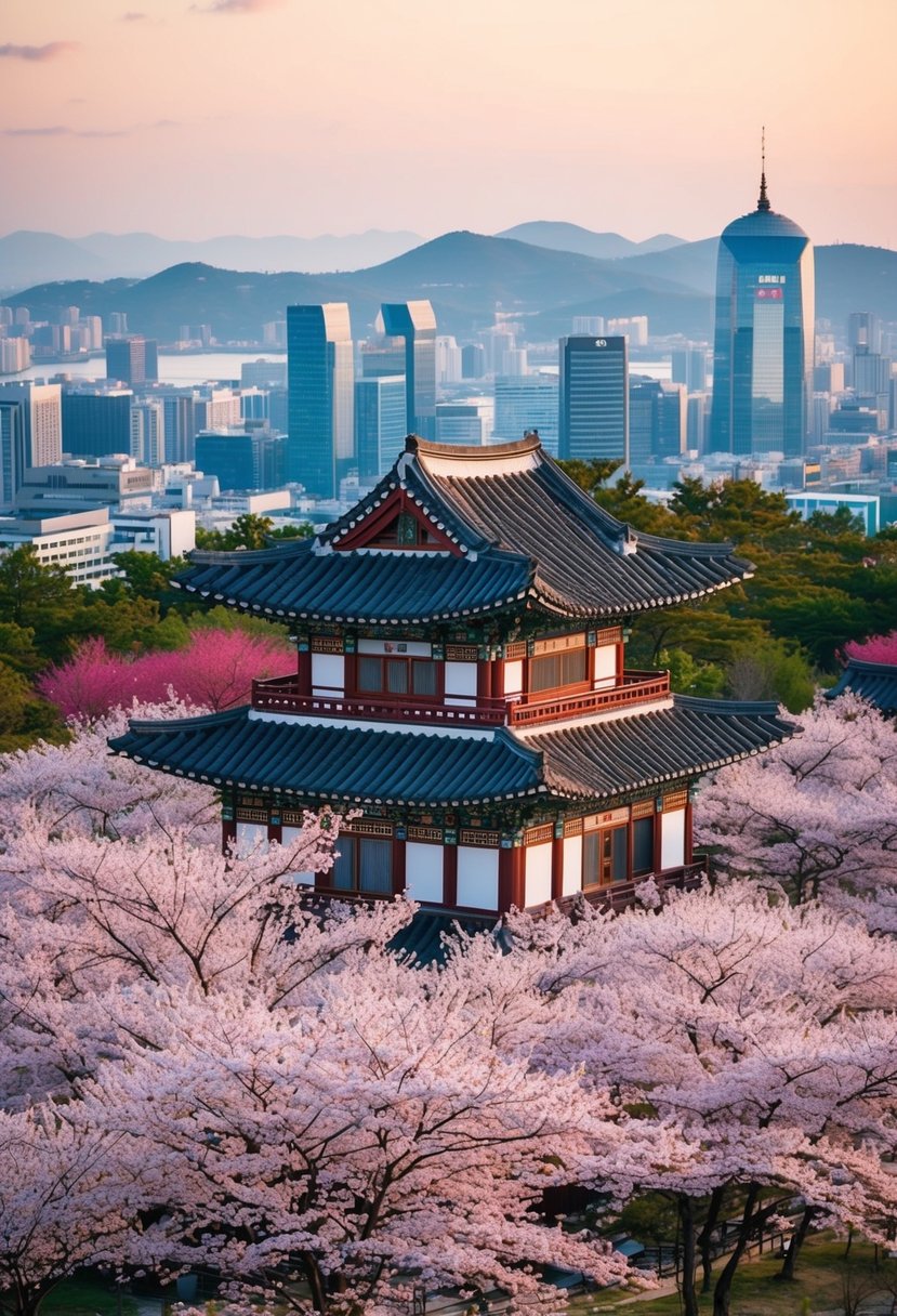 A traditional Korean hanok house nestled among cherry blossom trees with a backdrop of the bustling city of Seoul