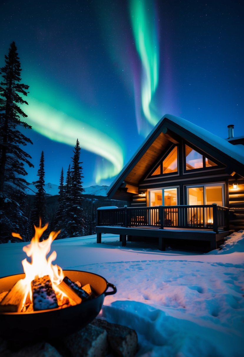 A cozy cabin nestled in the snowy Canadian Rockies, with a crackling fire and a view of the Northern Lights dancing in the night sky
