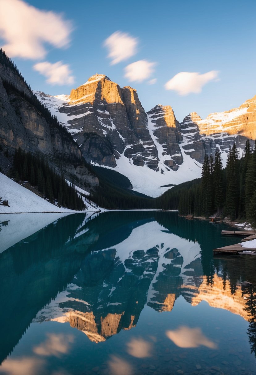 A serene mountain lake reflecting the snow-capped peaks of Banff National Park, with a cozy cabin nestled among the trees