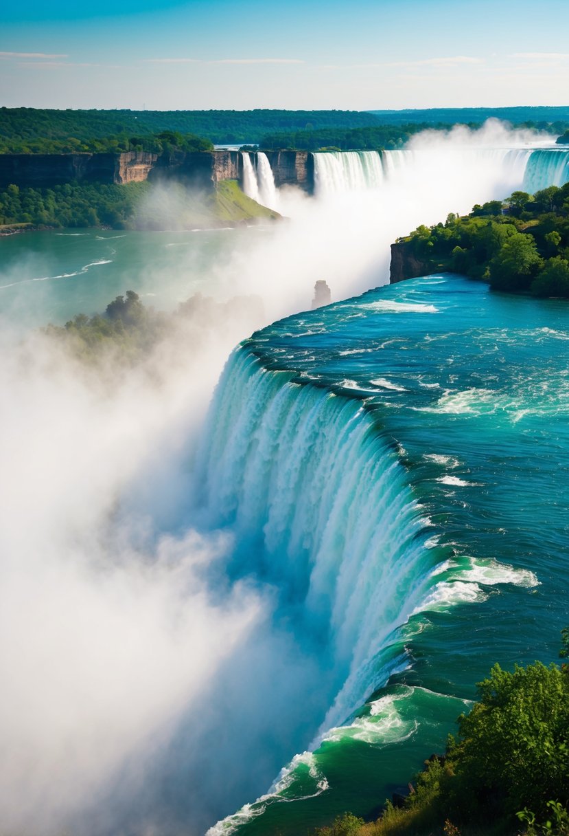 A breathtaking view of Niagara Falls from the Canadian side, with mist rising and lush greenery surrounding the cascading water