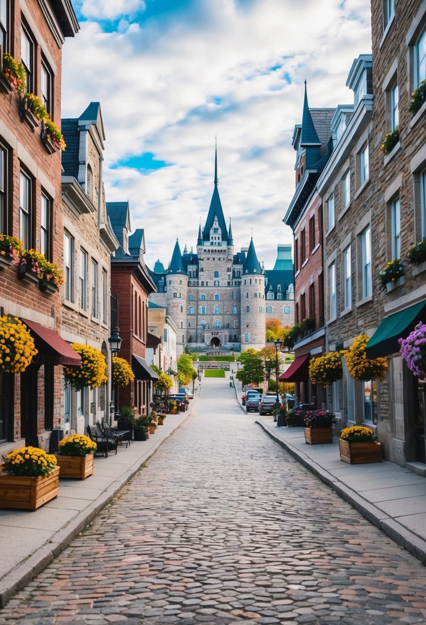 A charming cobblestone street lined with historic buildings, colorful flower boxes, and a view of the iconic Chateau Frontenac in Quebec City, Canada