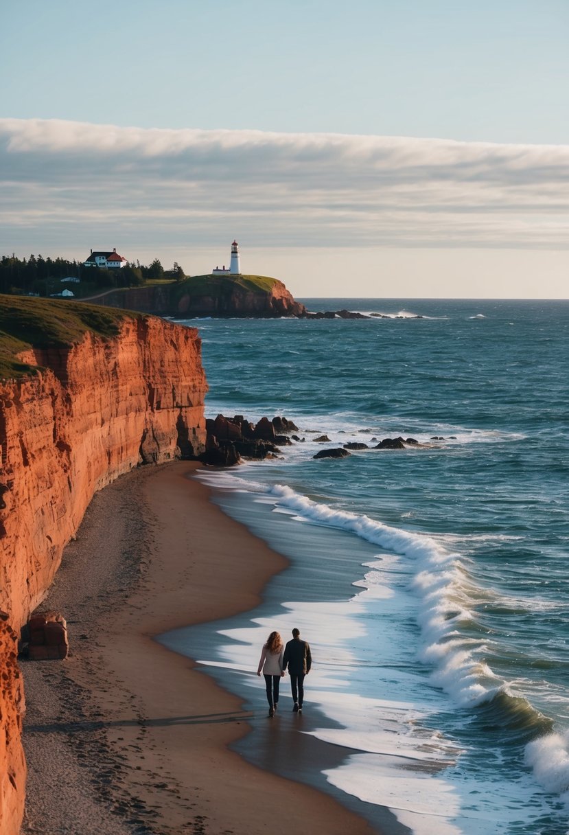 A couple strolling along the red cliffs of Prince Edward Island, with the ocean waves crashing against the shore and the iconic lighthouse in the distance