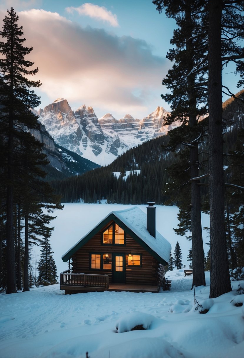 A cozy cabin nestled in a snowy forest, with a view of majestic mountains and a frozen lake in the distance