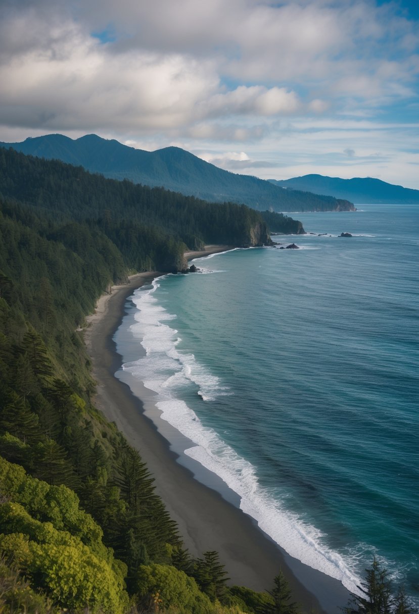Lush forested coastline meets rugged shoreline, with mountains in the distance. A serene, secluded beach overlooks the Pacific Ocean
