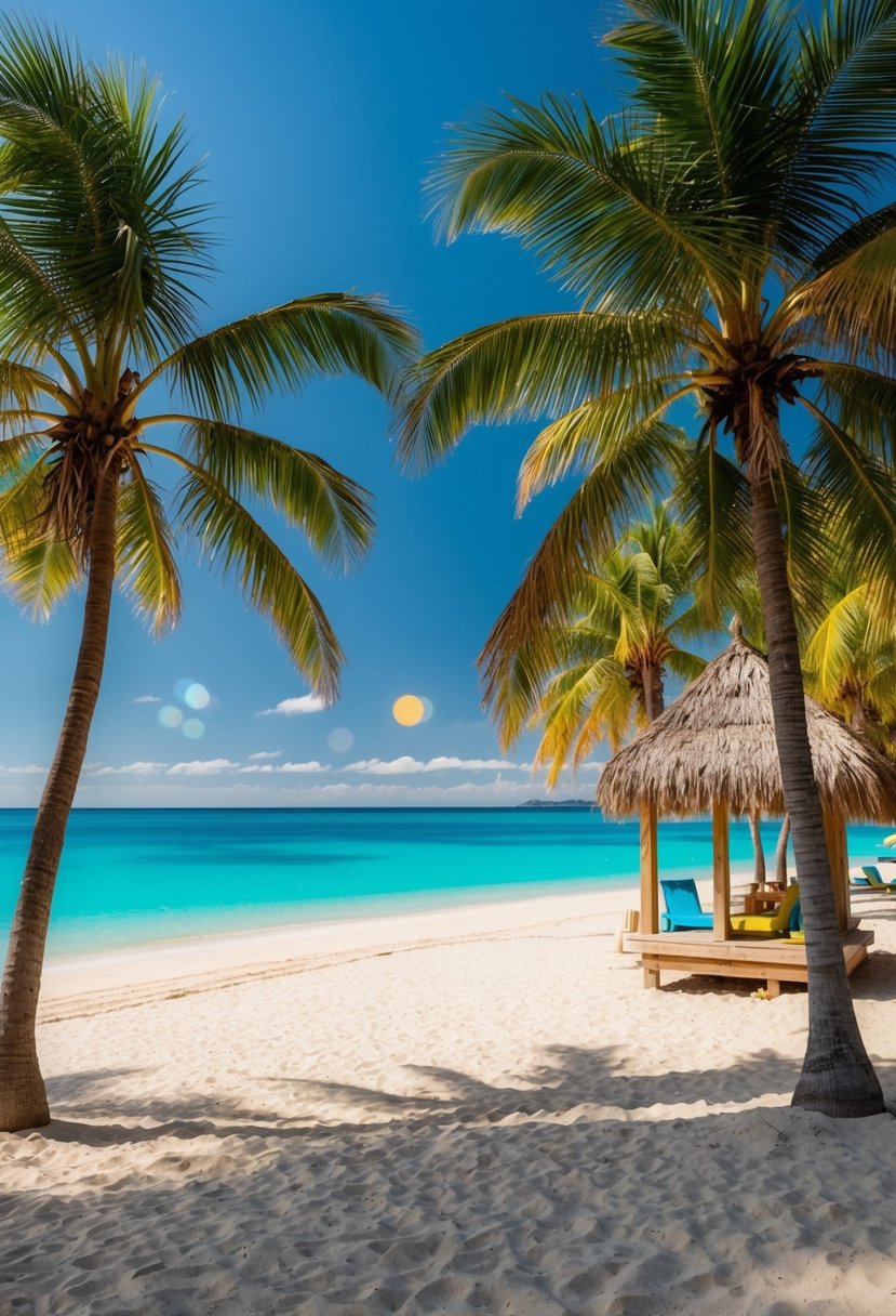 A serene beach with palm trees, clear blue water, and a cozy beach hut nestled in the sand