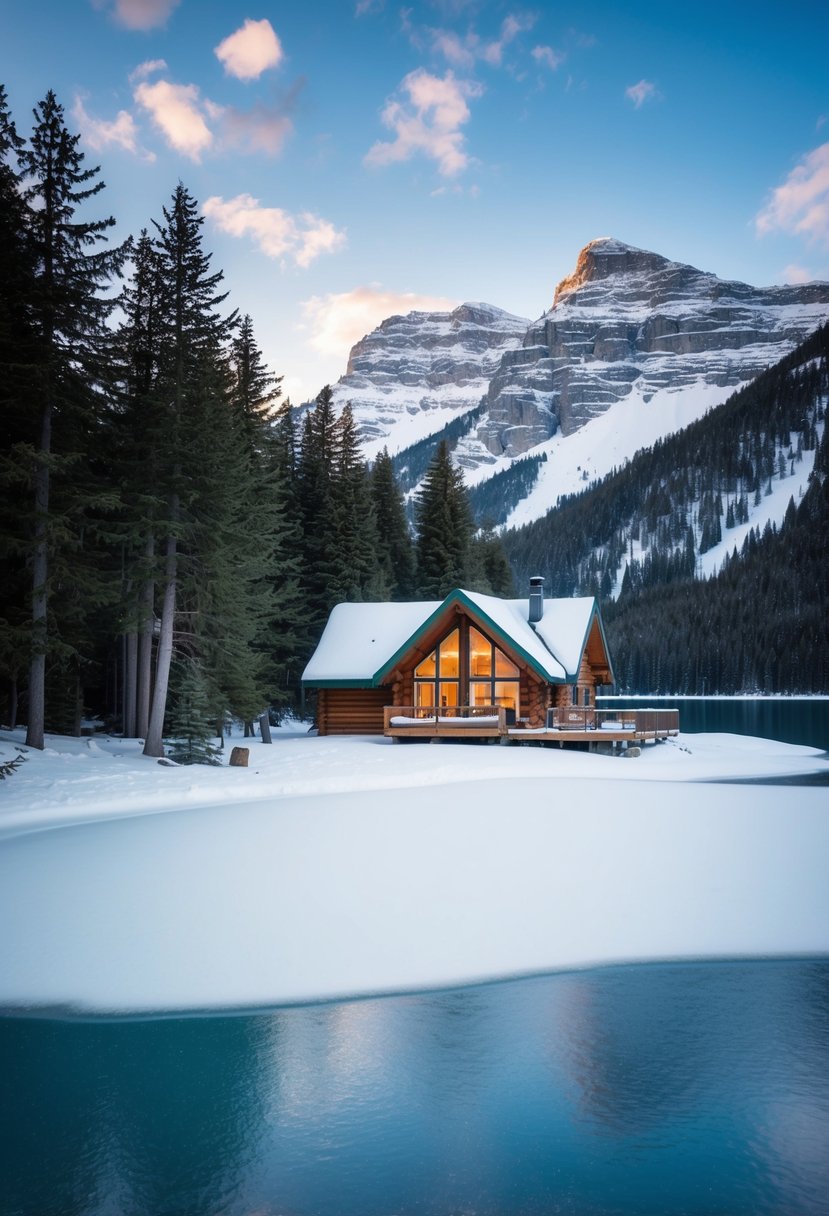 A cozy cabin nestled in the snow-covered mountains of Mont-Tremblant, with a frozen lake and evergreen trees in the background
