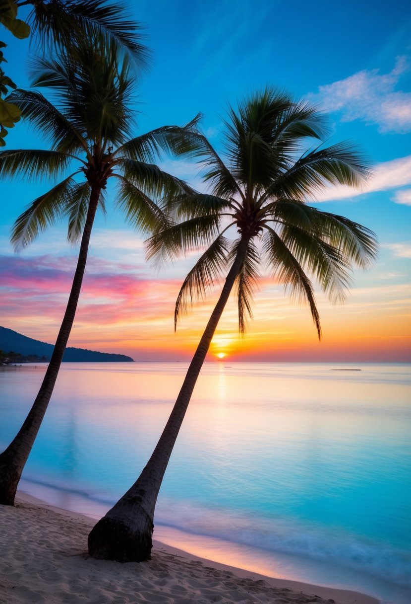A tranquil beach at sunset in Bali, with palm trees, clear blue waters, and a colorful sky