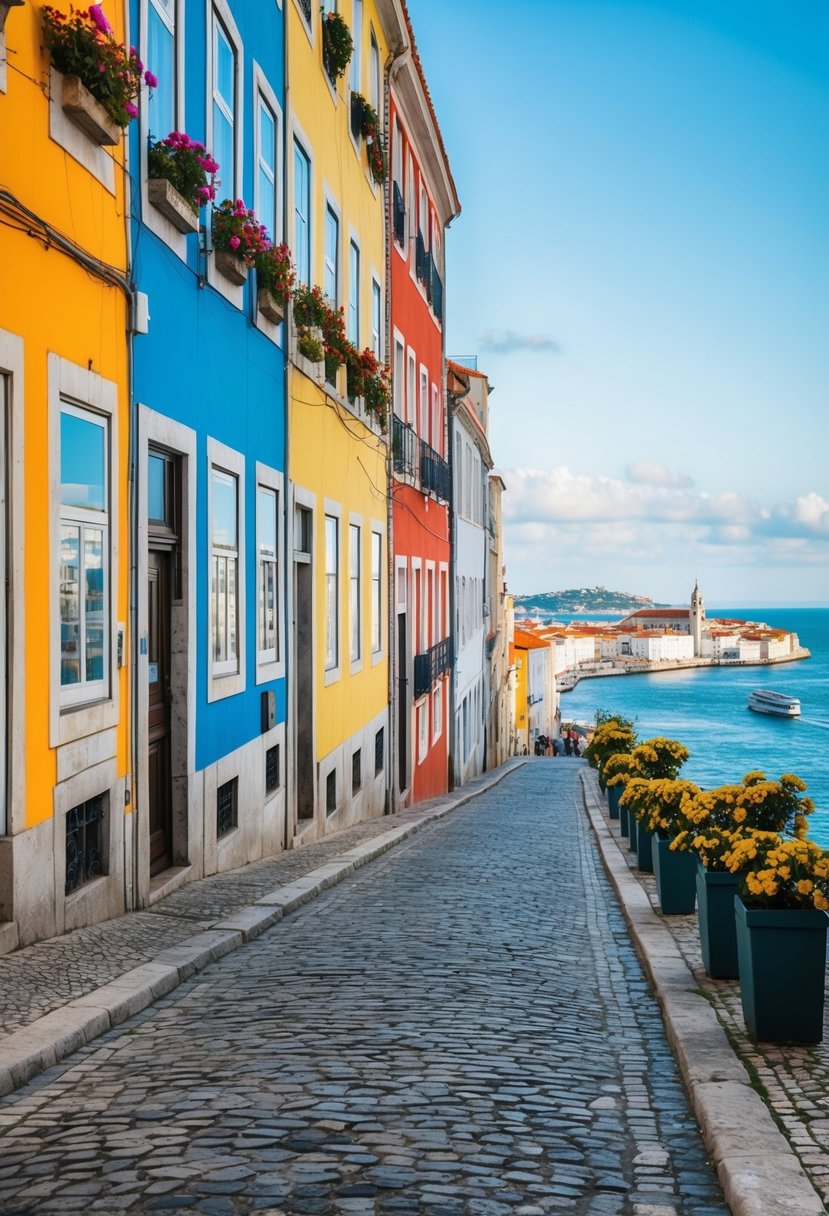 A charming cobblestone street in Lisbon, lined with colorful buildings and blooming flowers, leading to a view of the Tagus River