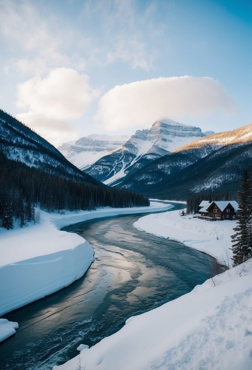 A snowy landscape with a frozen river, mountains, and a cozy cabin in Whitehorse, Yukon