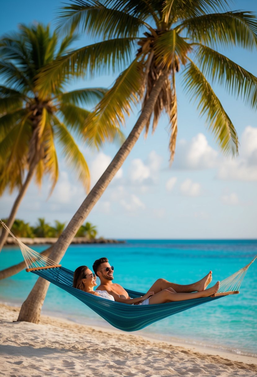 A couple lounges in a hammock on a pristine beach in Tulum, Mexico, with turquoise waters and palm trees in the background