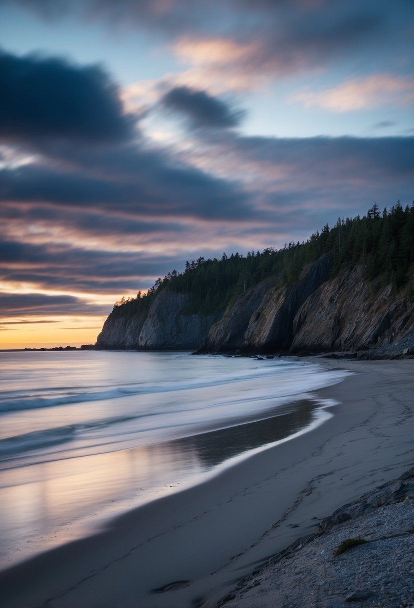 The Bay of Fundy, New Brunswick: A tranquil beach at sunset, with rugged cliffs and a dramatic sky