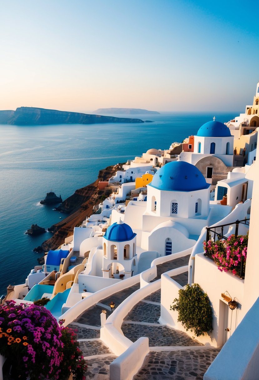 The iconic blue-domed buildings of Santorini overlook the sparkling Aegean Sea, with colorful flowers and winding cobblestone streets adding to the romantic atmosphere