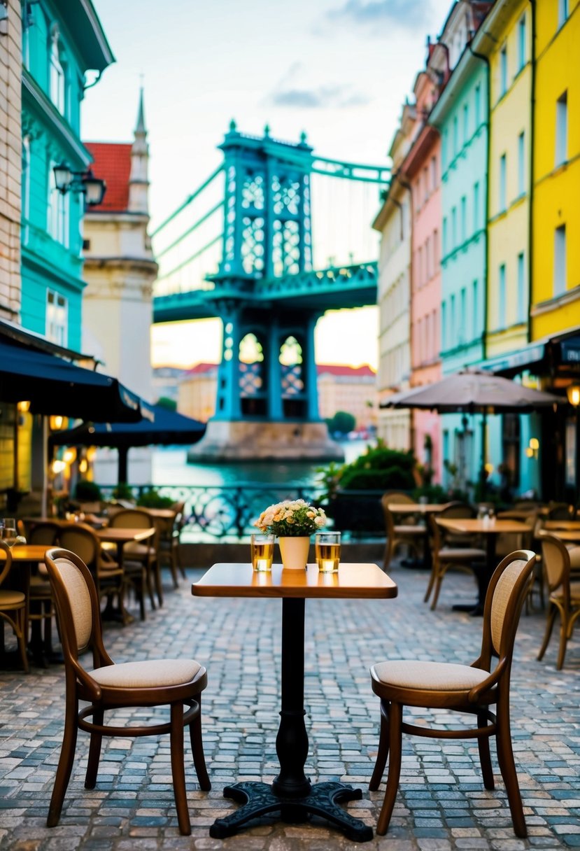 A cozy cafe in Budapest, with colorful buildings lining the street and the iconic Chain Bridge in the background