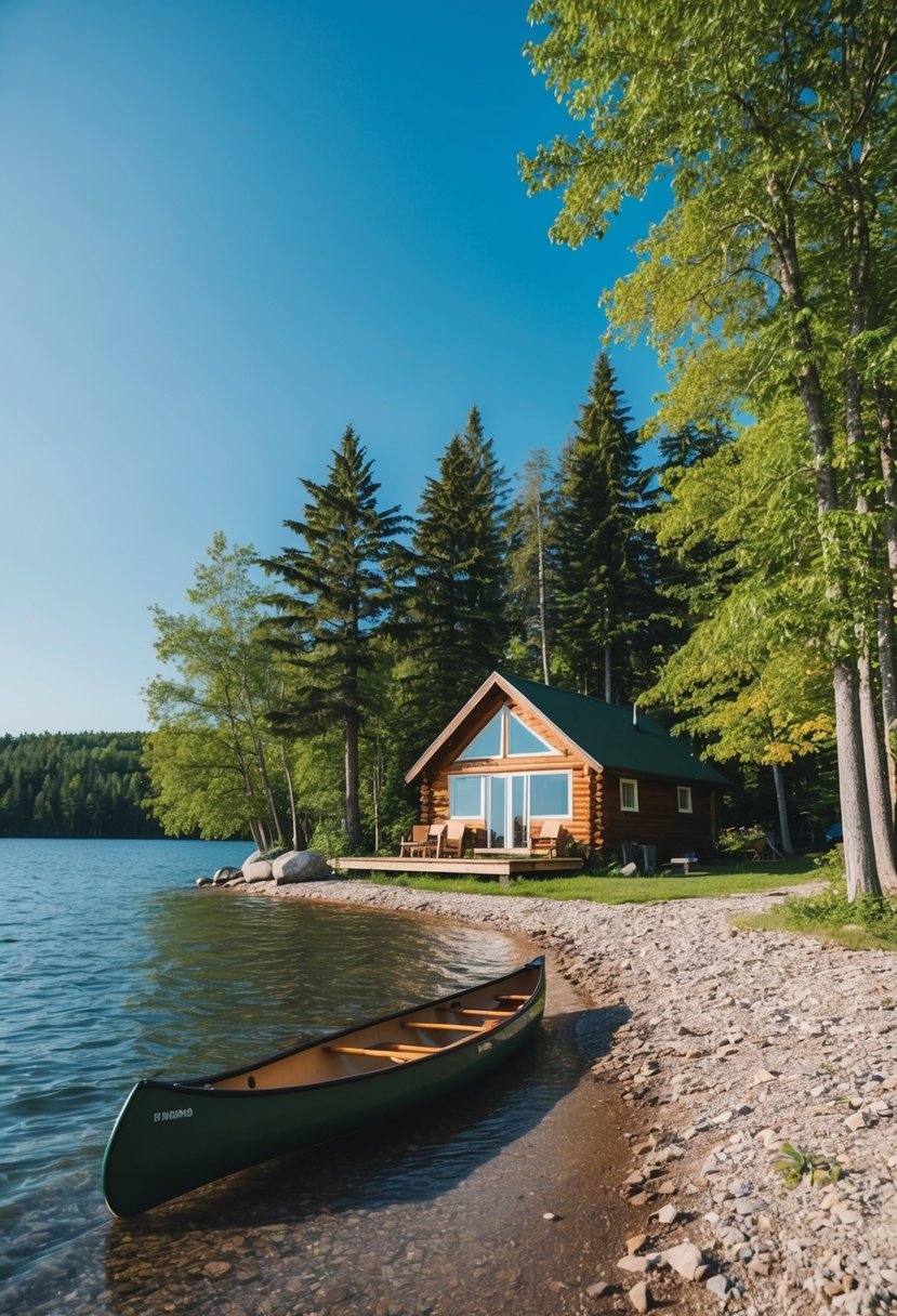 A serene lakeside cabin in Muskoka, Ontario, surrounded by lush green trees and a clear blue sky, with a canoe resting on the shore