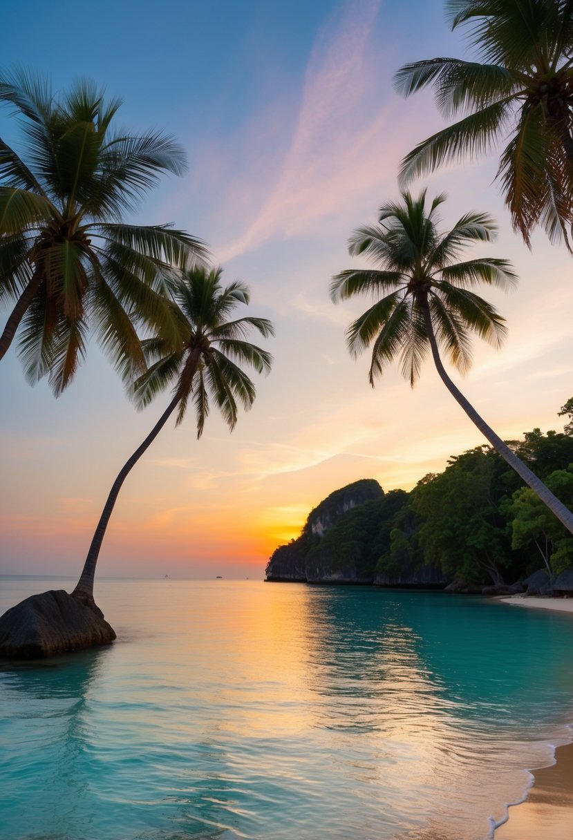 A tranquil beach with crystal clear water, palm trees, and a colorful sunset over the horizon in Phuket, Thailand
