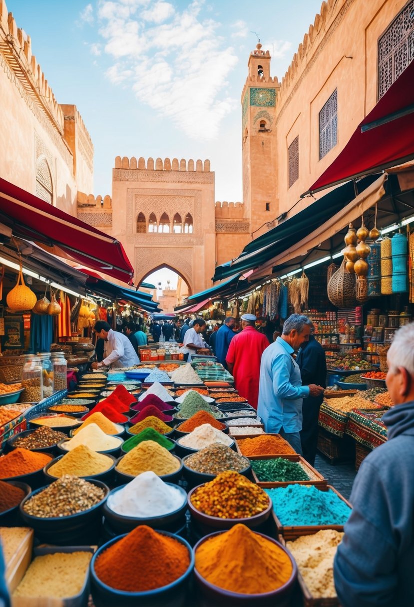 A bustling Marrakech market with colorful textiles and spices, surrounded by historic architecture and vibrant street life