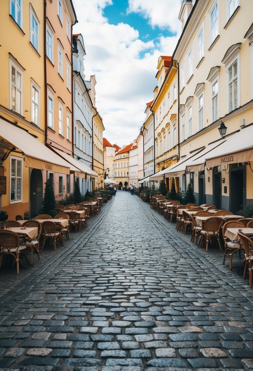 A charming cobblestone street lined with colorful buildings and outdoor cafes in the heart of Prague, Czech Republic