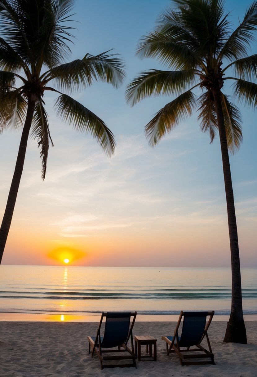 A serene beach at sunset in Colombo, Sri Lanka, with palm trees, a calm ocean, and a couple of beach chairs