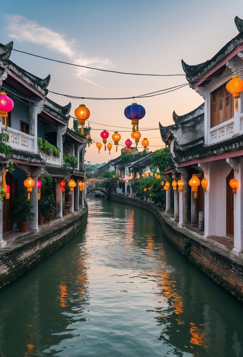 A serene river flowing through Hoi An's ancient town, with colorful lanterns hanging from traditional buildings