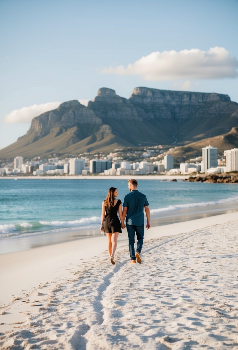 A couple strolls along the white sandy beaches of Cape Town, with Table Mountain in the backdrop and the crystal-clear waters of the Atlantic Ocean stretching out before them
