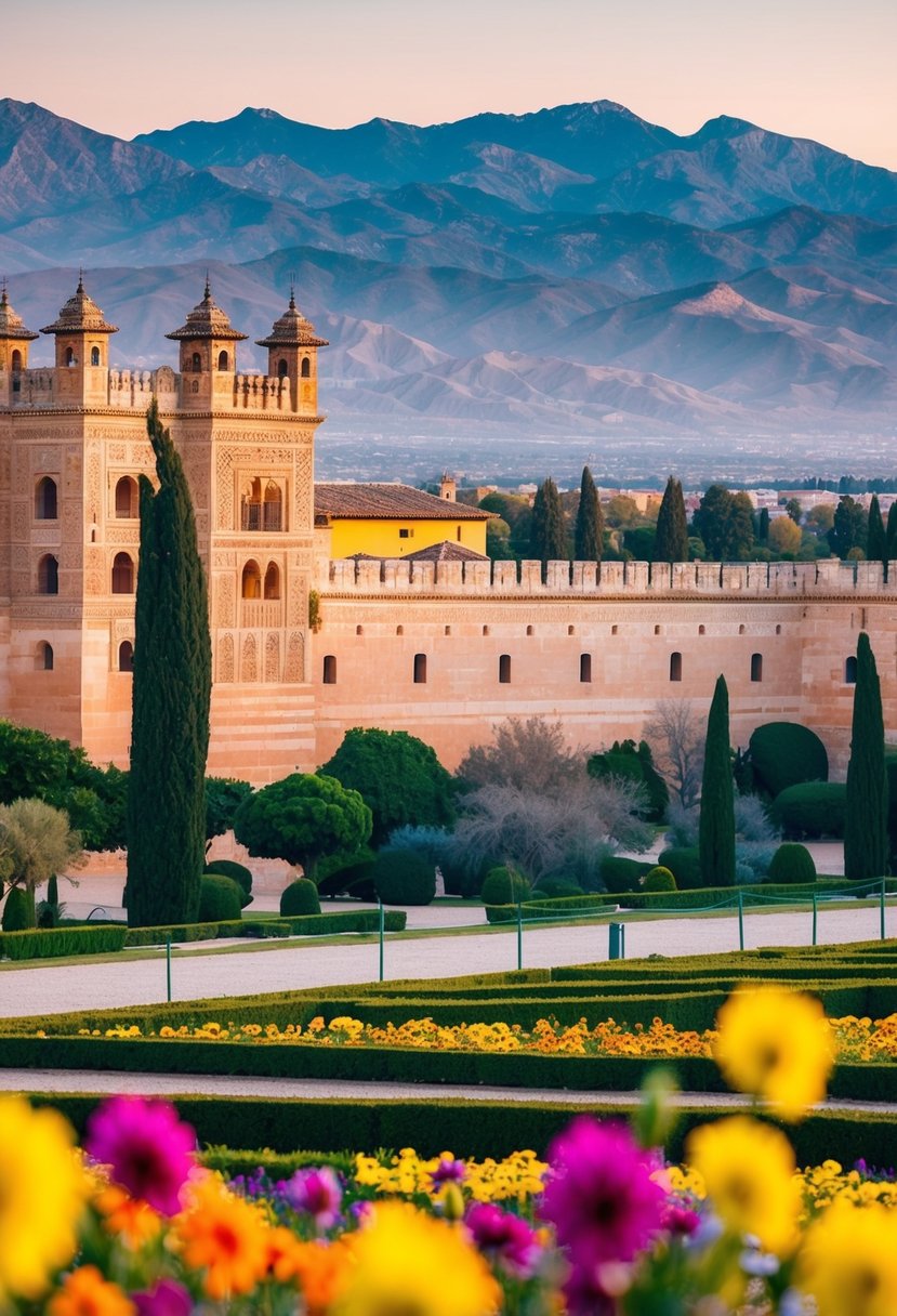 A scenic view of the Alhambra palace at sunset, with the Sierra Nevada mountains in the background and colorful flowers in the foreground