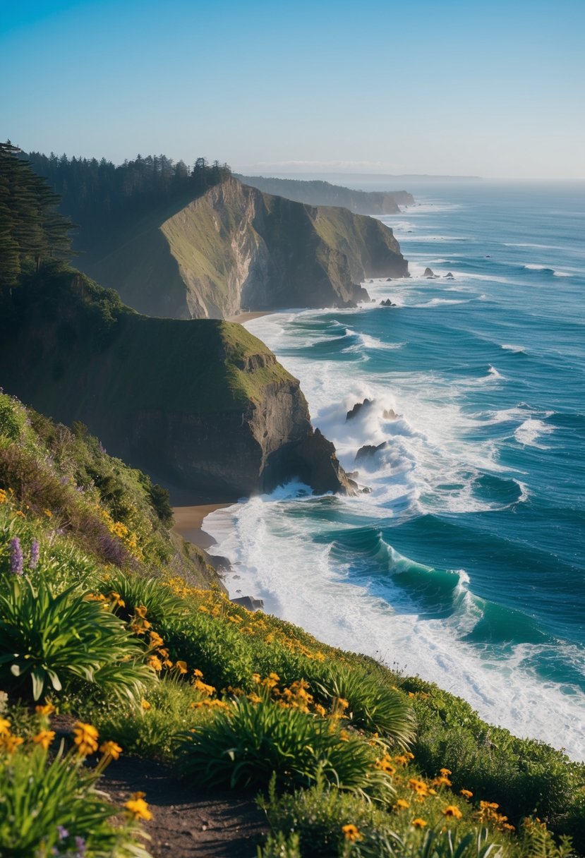 A secluded cliffside overlooking the Pacific Ocean, with crashing waves and rugged coastline, surrounded by lush greenery and colorful wildflowers