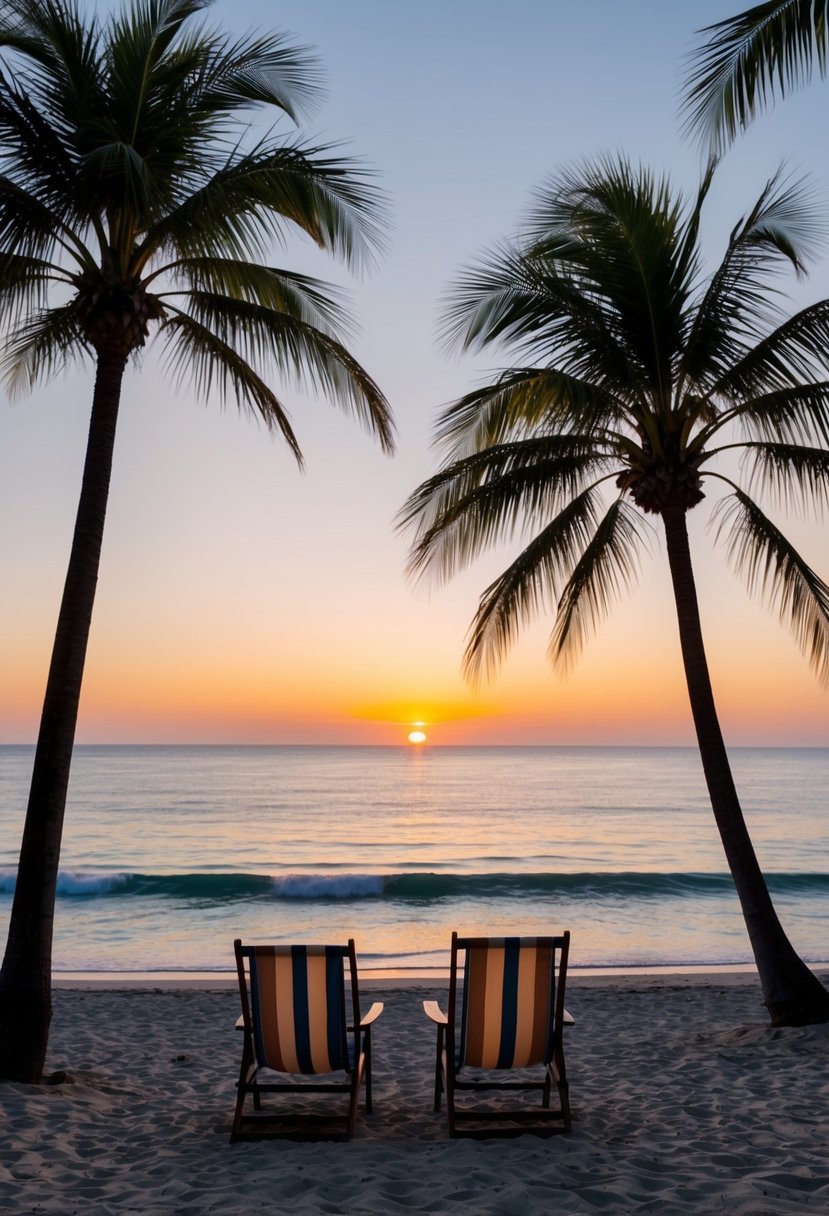 A serene beach at sunset, with palm trees and a couple of beach chairs facing the ocean, surrounded by the beautiful coastal landscape of Santa Barbara, California