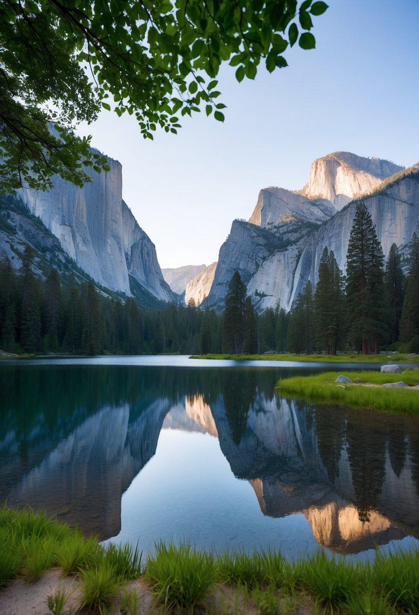 A serene lake surrounded by towering granite cliffs and lush greenery in Yosemite National Park, California