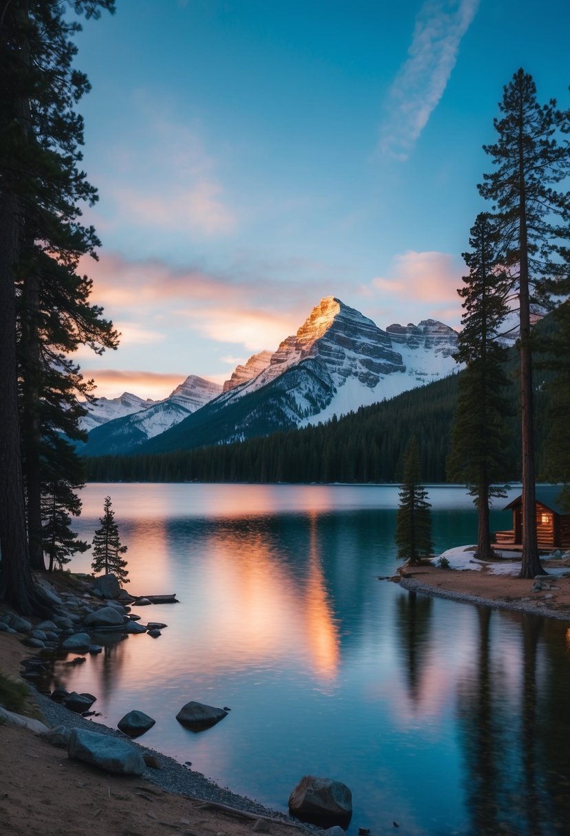 A serene lake at sunset with snow-capped mountains in the background, surrounded by pine trees and a cozy cabin on the shore