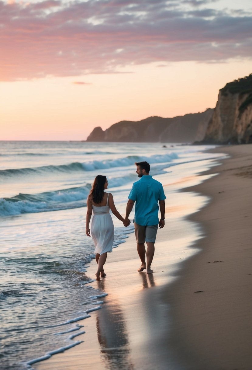 A serene beach at sunset, with gentle waves lapping against the shore. A couple strolls hand in hand along the sandy coastline, with a colorful sky and rocky cliffs in the background