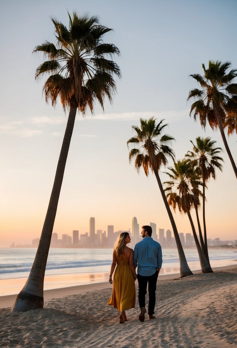 A couple strolls along a sandy beach at sunset, palm trees swaying in the warm breeze, with the iconic San Diego skyline in the background
