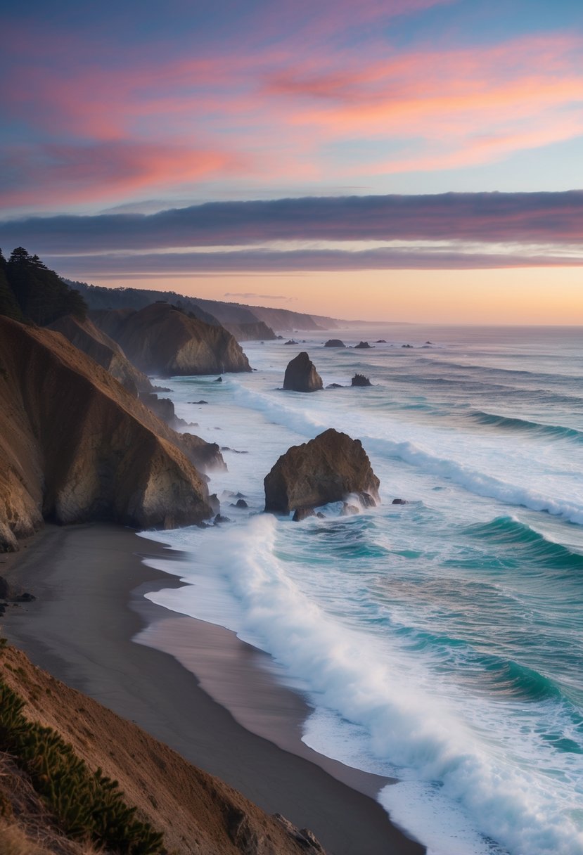 A secluded beach with crashing waves, rocky cliffs, and a colorful sunset over the Pacific Ocean on the Mendocino Coast in California