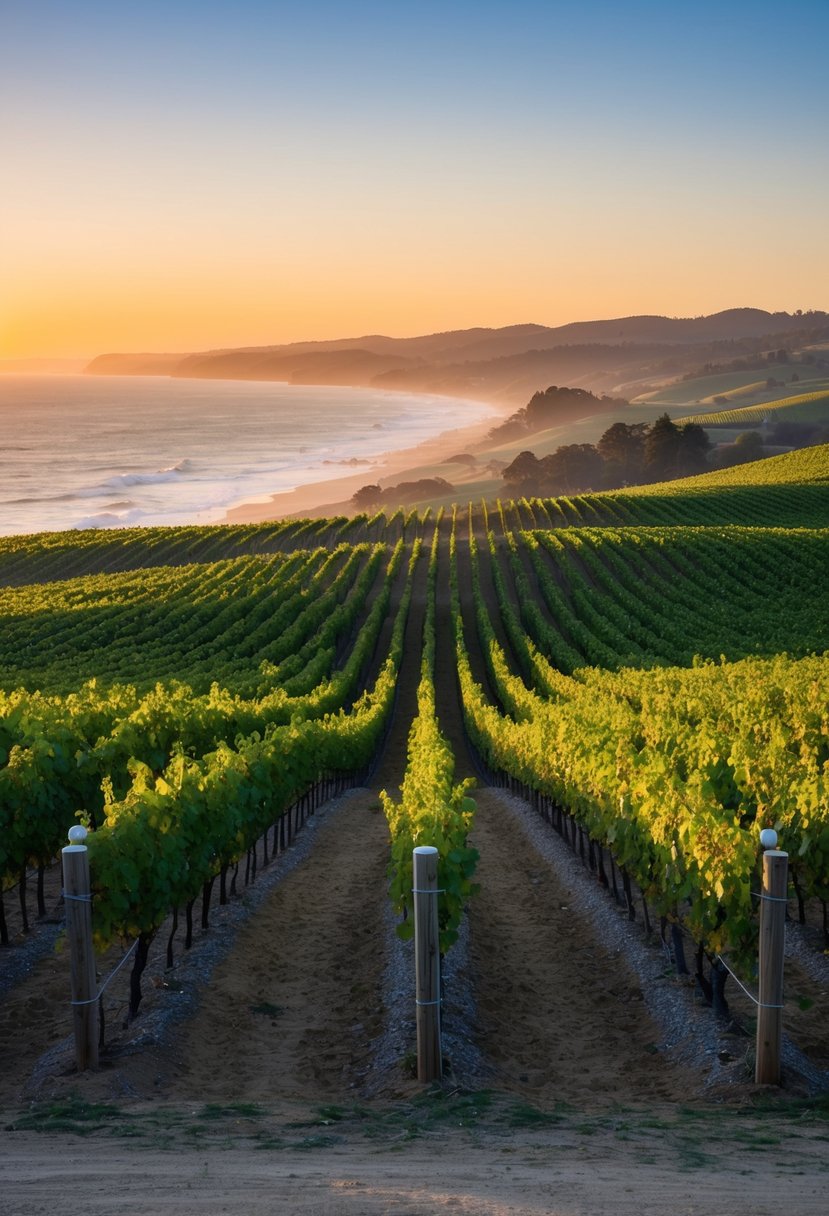 Rolling vineyard hills meet the Pacific coast under a golden sunset in Sonoma County, California