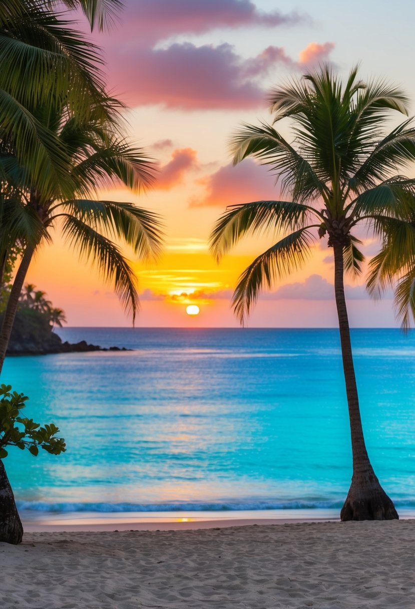A serene beach with palm trees, turquoise waters, and a colorful sunset in the background, creating a romantic atmosphere for a honeymoon in Costa Rica
